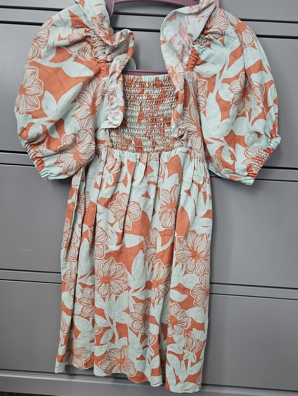Girls Linen Floral Puff-Sleeve Dress - Mint & Terracotta